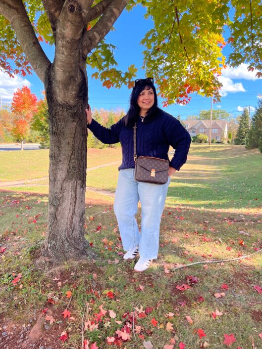 Navy Sweater and Barrel Leg Jeans