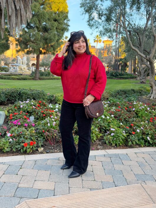 Red Rollneck Sweater and Black Corduroy Pants