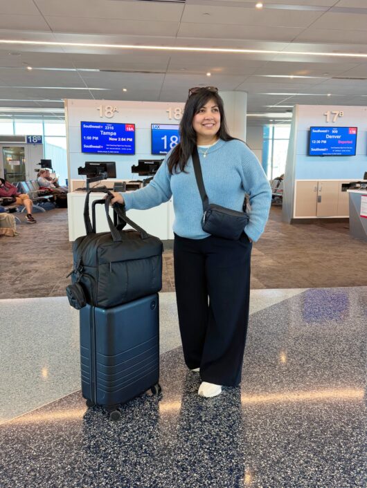 Blue Cashmere Sweater and Black Pants